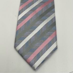 Vitorofolo 100% Woven Silk Tie Pink Silver Light Blue Striped Holographic Color
